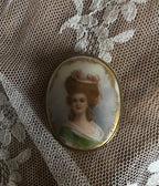 Antique Portrait Brooch Hand Painted Lady Green Dress Oval Porcelain Brass Frame Edwardian Jewelry Regal Vintage Collectible Cameo Style