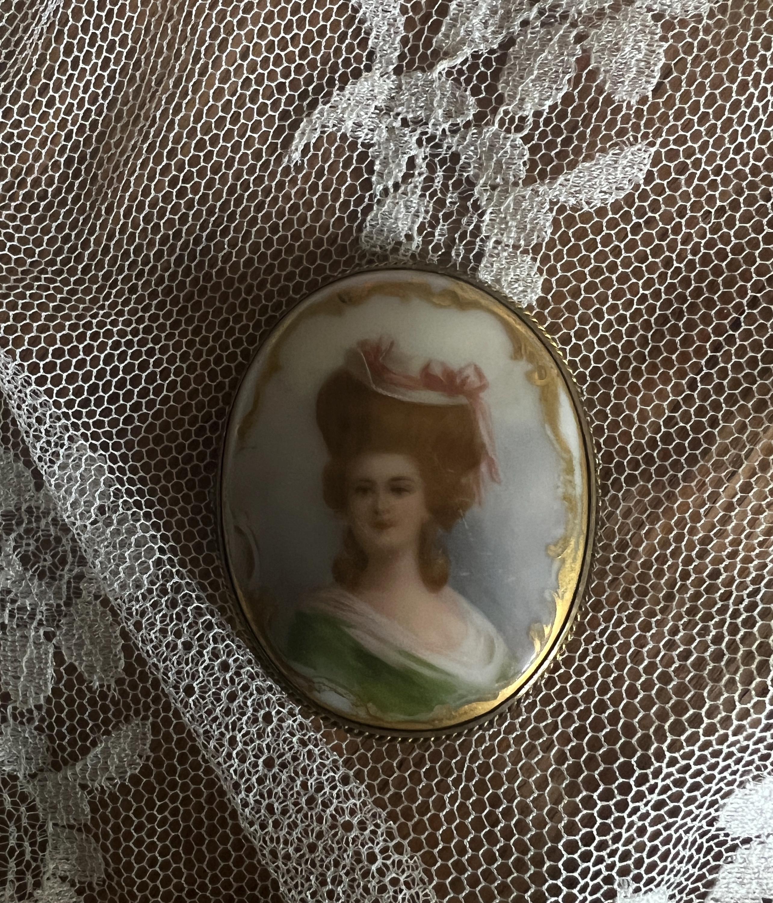 Antique Portrait Brooch Hand Painted Lady Green Dress Oval Porcelain Brass Frame Edwardian Jewelry Regal Vintage Collectible Cameo Style