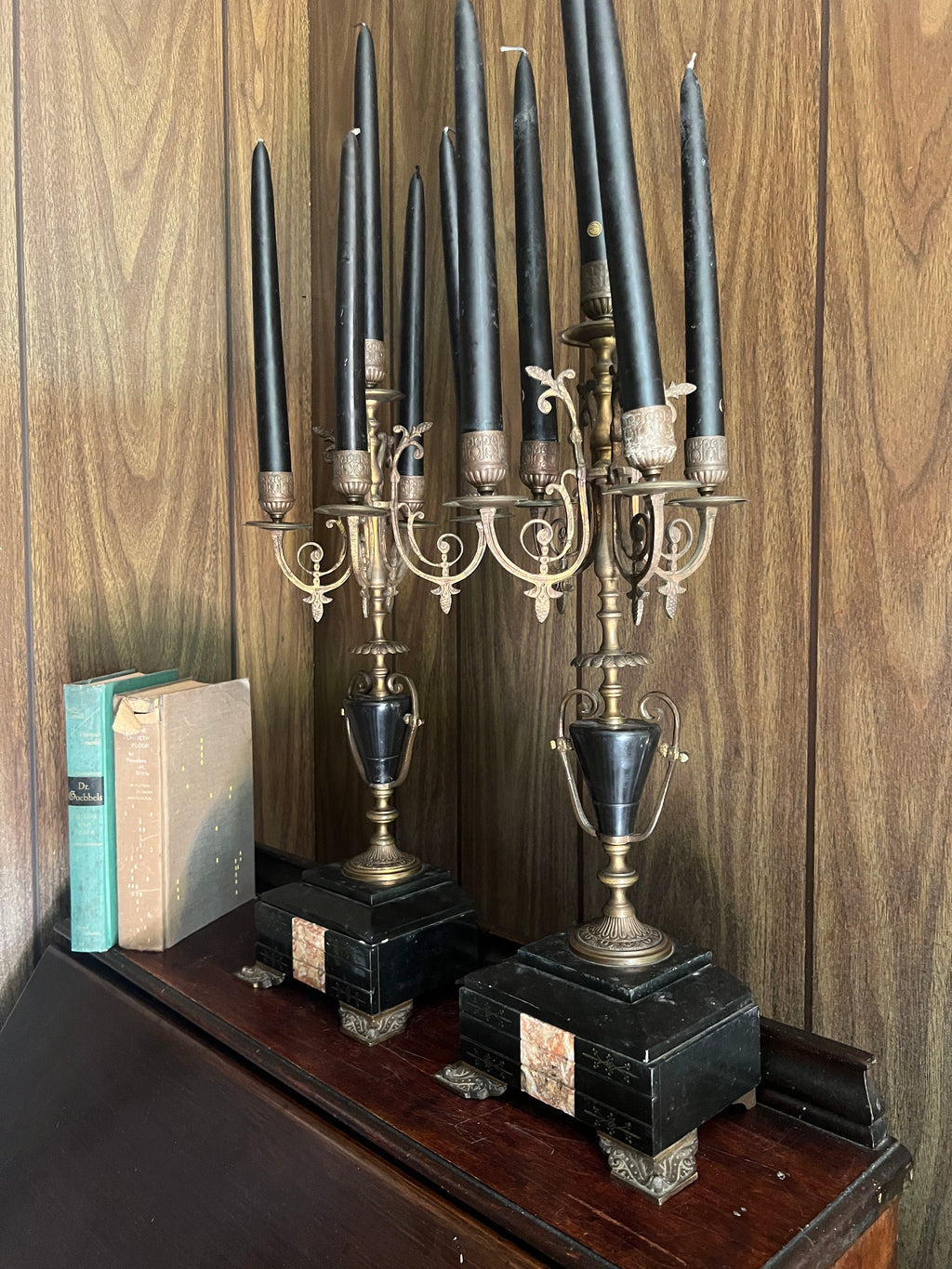 Antique Bronze Black Marble Five Light Candelabra Pair Empire Style Classical Urn Shape Candle Holders Home Decor Regency French Accent