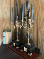 Antique Bronze Black Marble Five Light Candelabra Pair Empire Style Classical Urn Shape Candle Holders Home Decor Regency French Accent