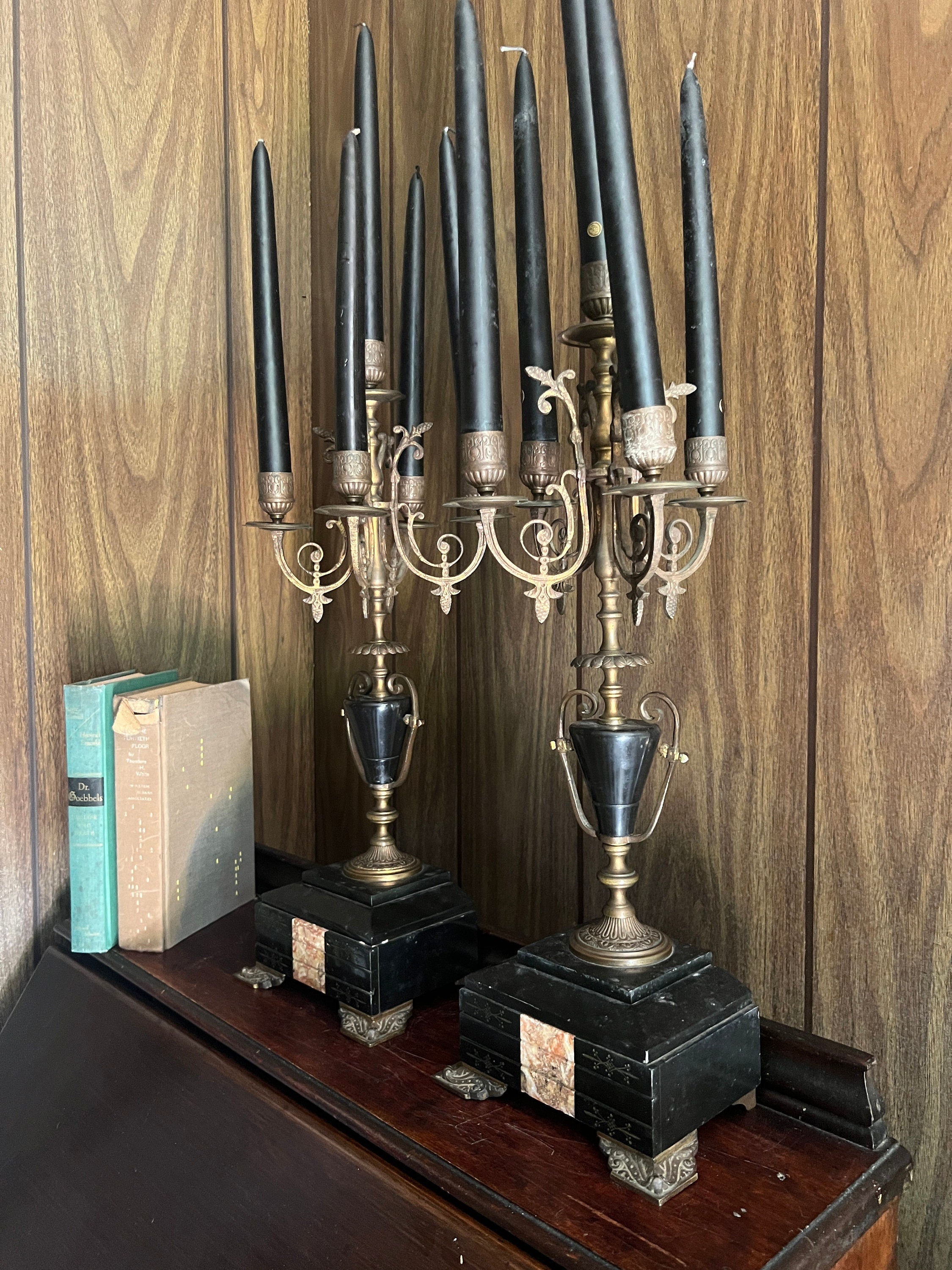 Antique Bronze Black Marble Five Light Candelabra Pair Empire Style Classical Urn Shape Candle Holders Home Decor Regency French Accent