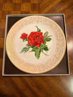 Boehm Rose Plate Collection Set: 6 Bone China Collector Plates, Gold Rim Floral Wall Decor