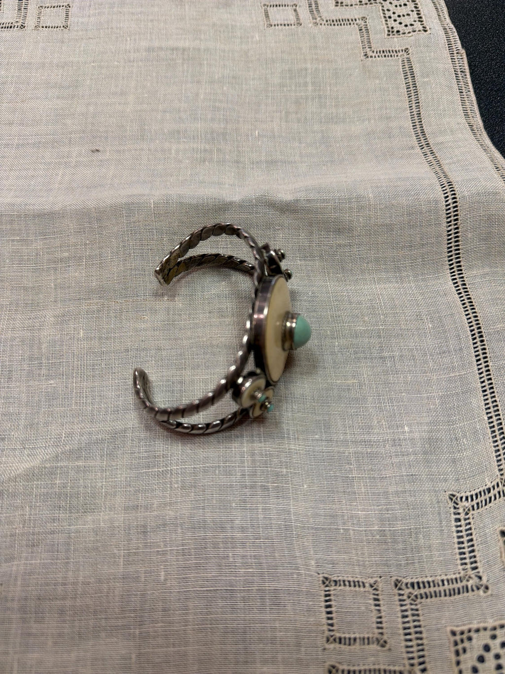 Vintage Southwestern Style Turquoise Cuff Bracelet Bone Inlay Silver Tone