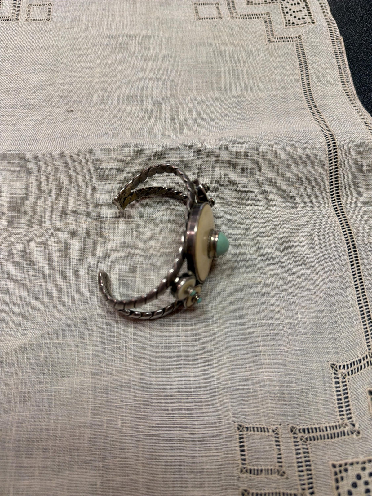 Vintage Southwestern Style Turquoise Cuff Bracelet Bone Inlay Silver Tone