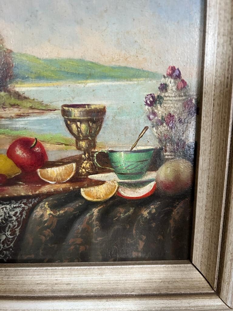 Vintage framed still life wall art set classic fruit table paintings in ornate cream frames traditional kitchen dining decor European style