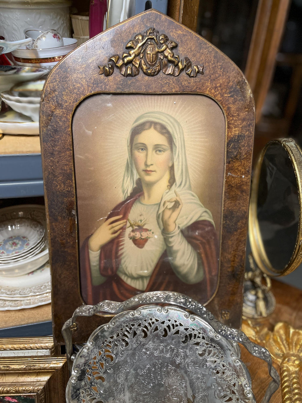 Antique Framed Virgin Mary Print - Catholic Wall Art, Home/Church Decoration Immaculate Heart of Mary