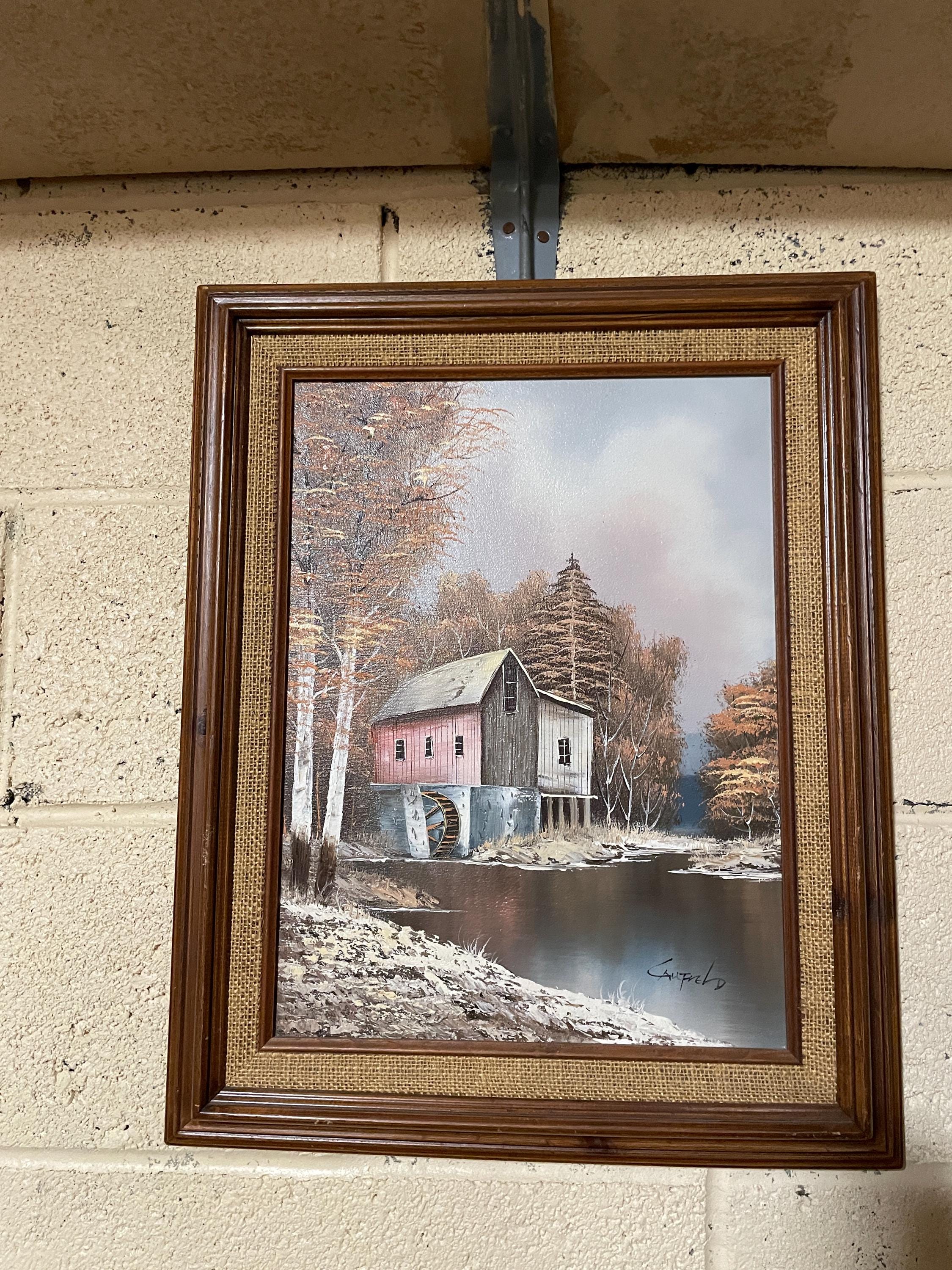 Vintage Autumn Landscape Painting Signed Countryside Mill Scene Rustic Wood Frame Wall Art Cabin Decoration Lake House Style Cozy Charm