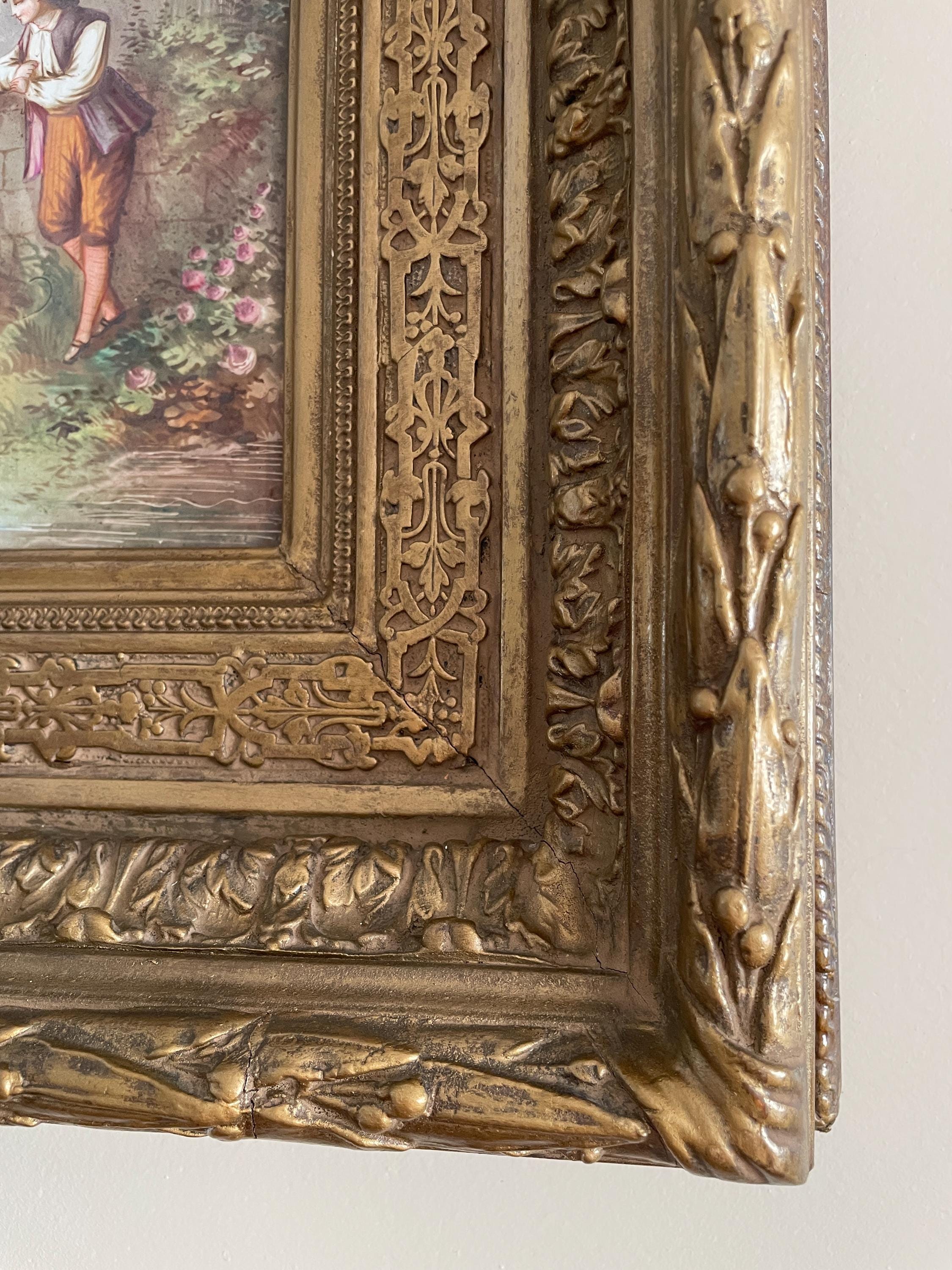 Antique Hand-Painted Romantic Scene Ornate Gold Gilt Frame 19th Century Wall Art Original Artwork Antique European Style Collectible Art