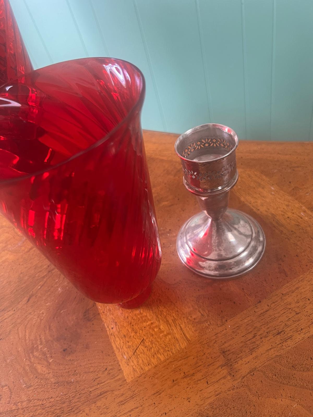 Vintage Ruby Red Glass Hurricane Candle Holders Silver Base Art Deco Home Decor Retro Lighting Hollywood Regency Table Centerpiece Decor
