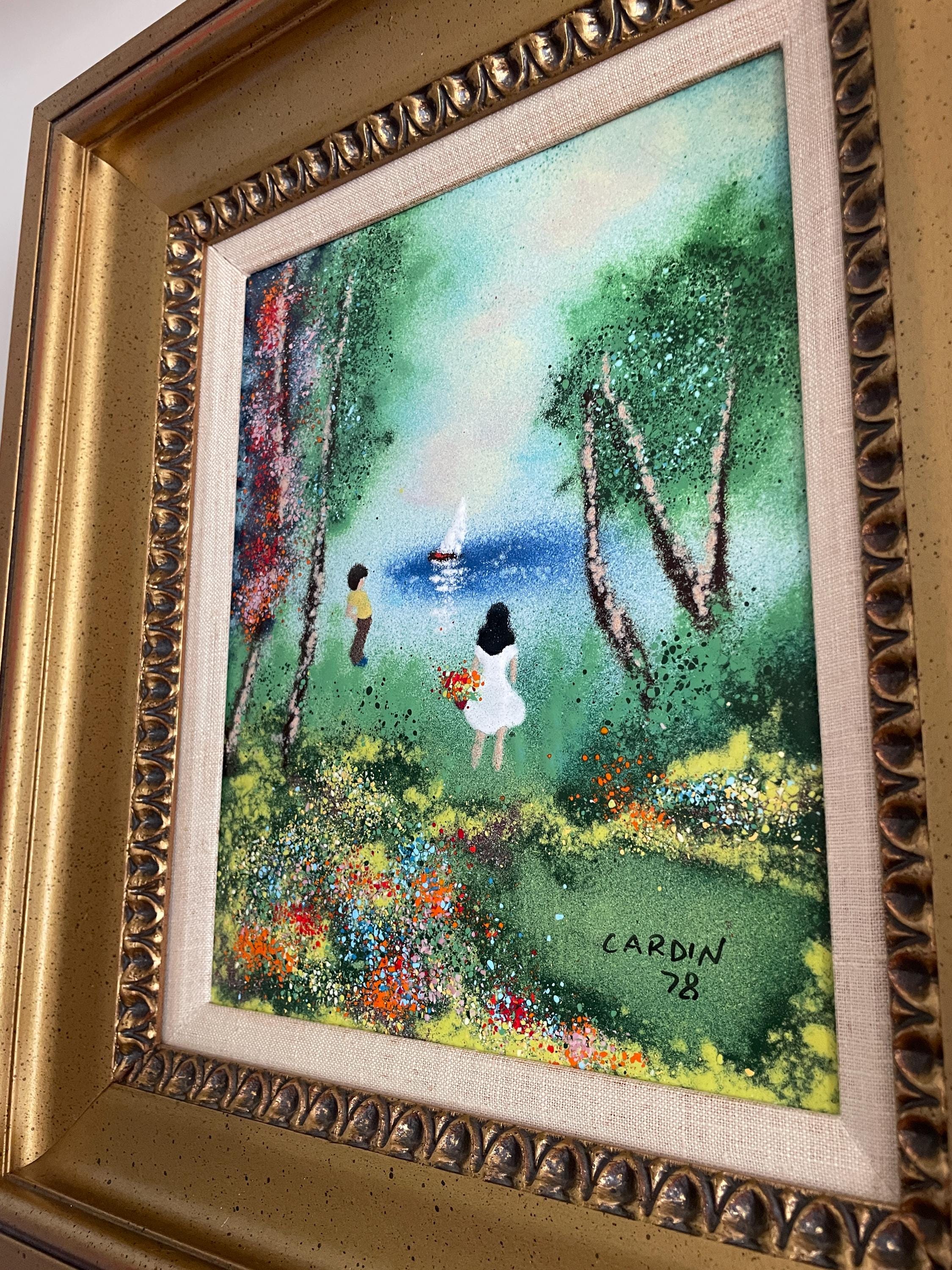 Louis Cardin Signed Original 1978 Artwork Framed Impressionist Painting Enamel Nature Scene Collectible Wall Art Certified Vintage Frame Art