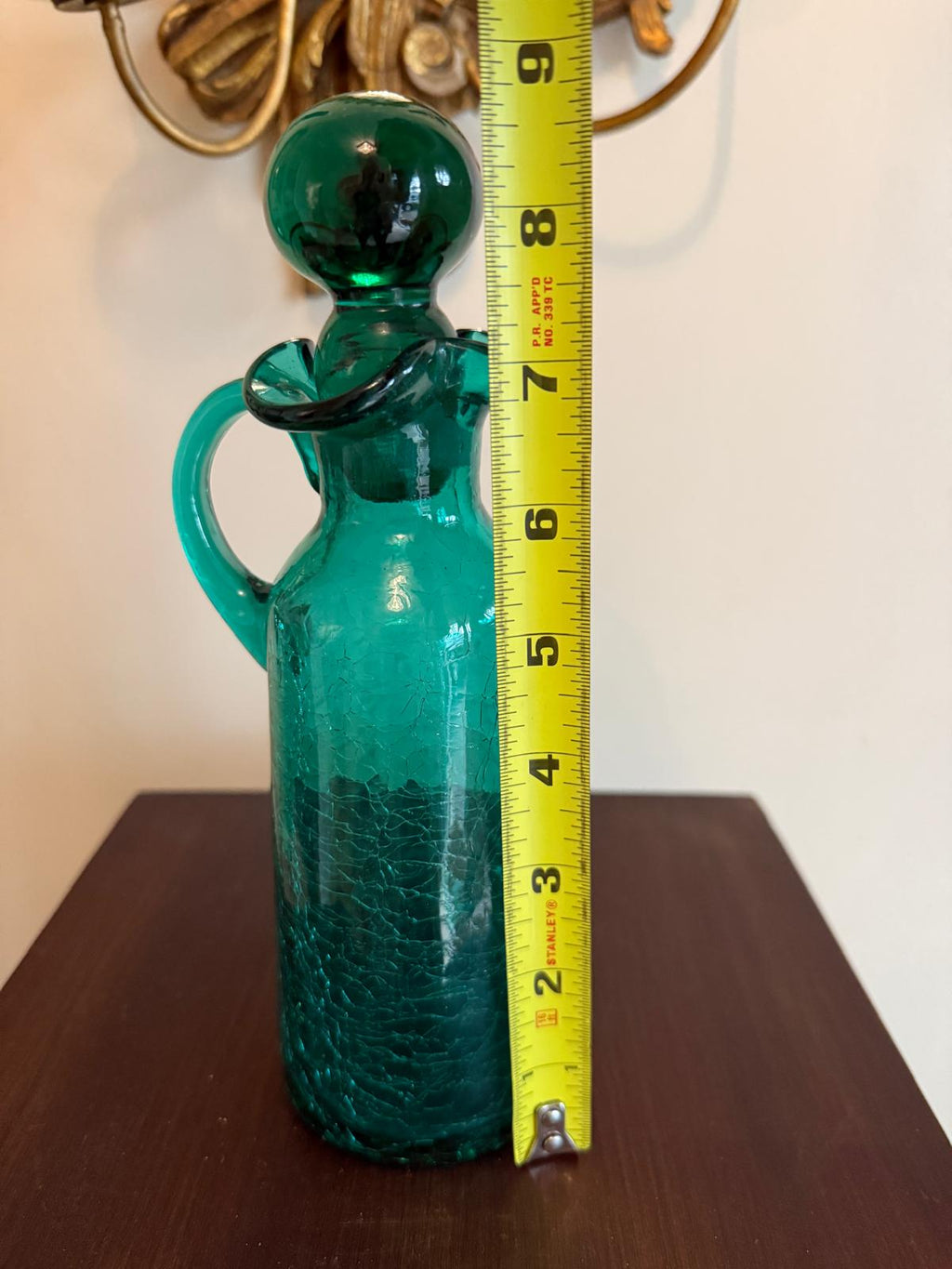 Vintage Crackle Glass Decanter Green Art Glass Pitcher Stopper Bottle Mid Century Barware Teal Emerald Green Crackle Glass Cruet Mid Century