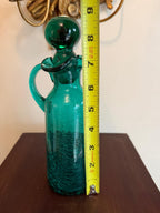 Vintage Crackle Glass Decanter Green Art Glass Pitcher Stopper Bottle Mid Century Barware Teal Emerald Green Crackle Glass Cruet Mid Century