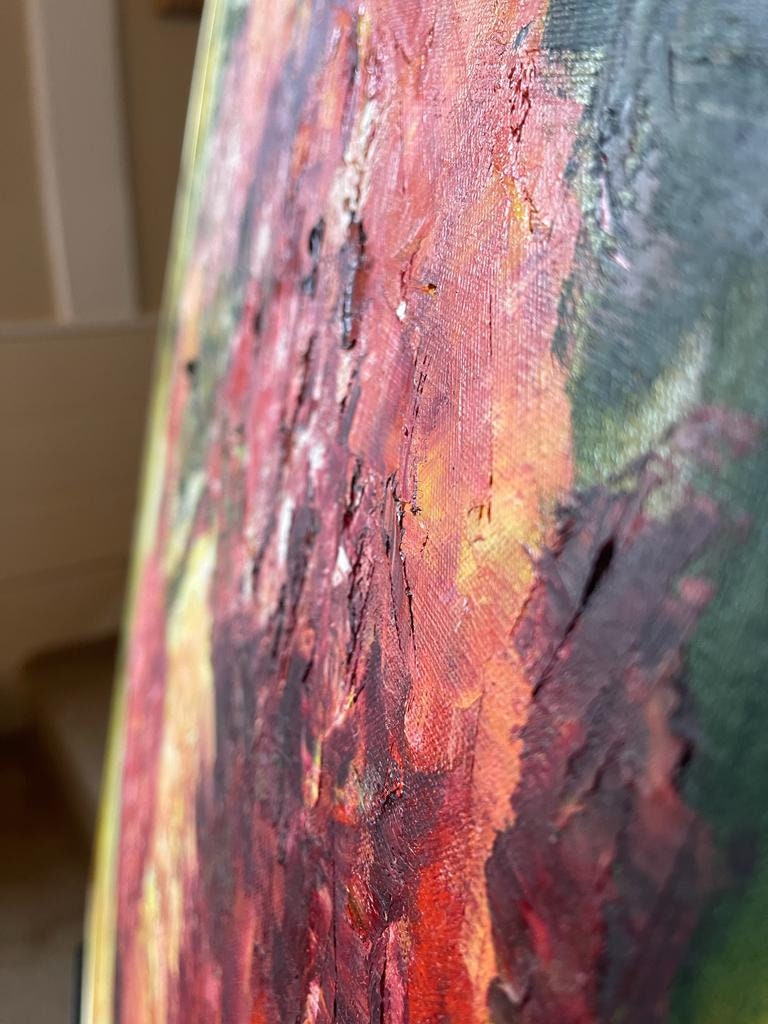 Original Abstract Oil Painting Woman in Floral Hat Signed Colorful Thick Texture Art Large Wall Decor Feminine Impressionism Unique Bold