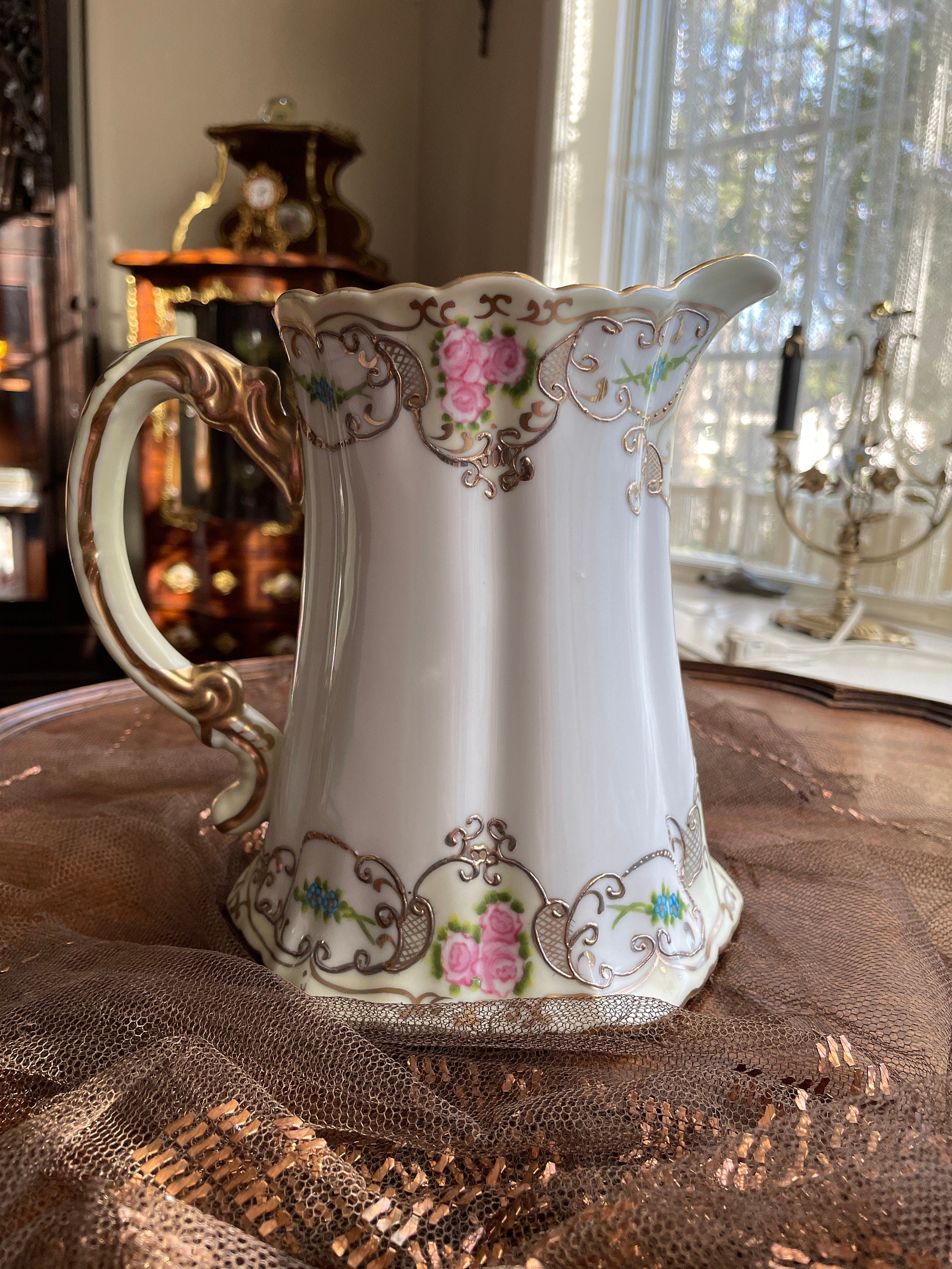 Antique Victorian Floral Hand Painted Porcelain  Pitcher Gold Gilt