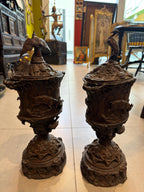 Antique Bronze Hunting Scene Urns Pair: Stag, Hound, Mixed Bird Finials