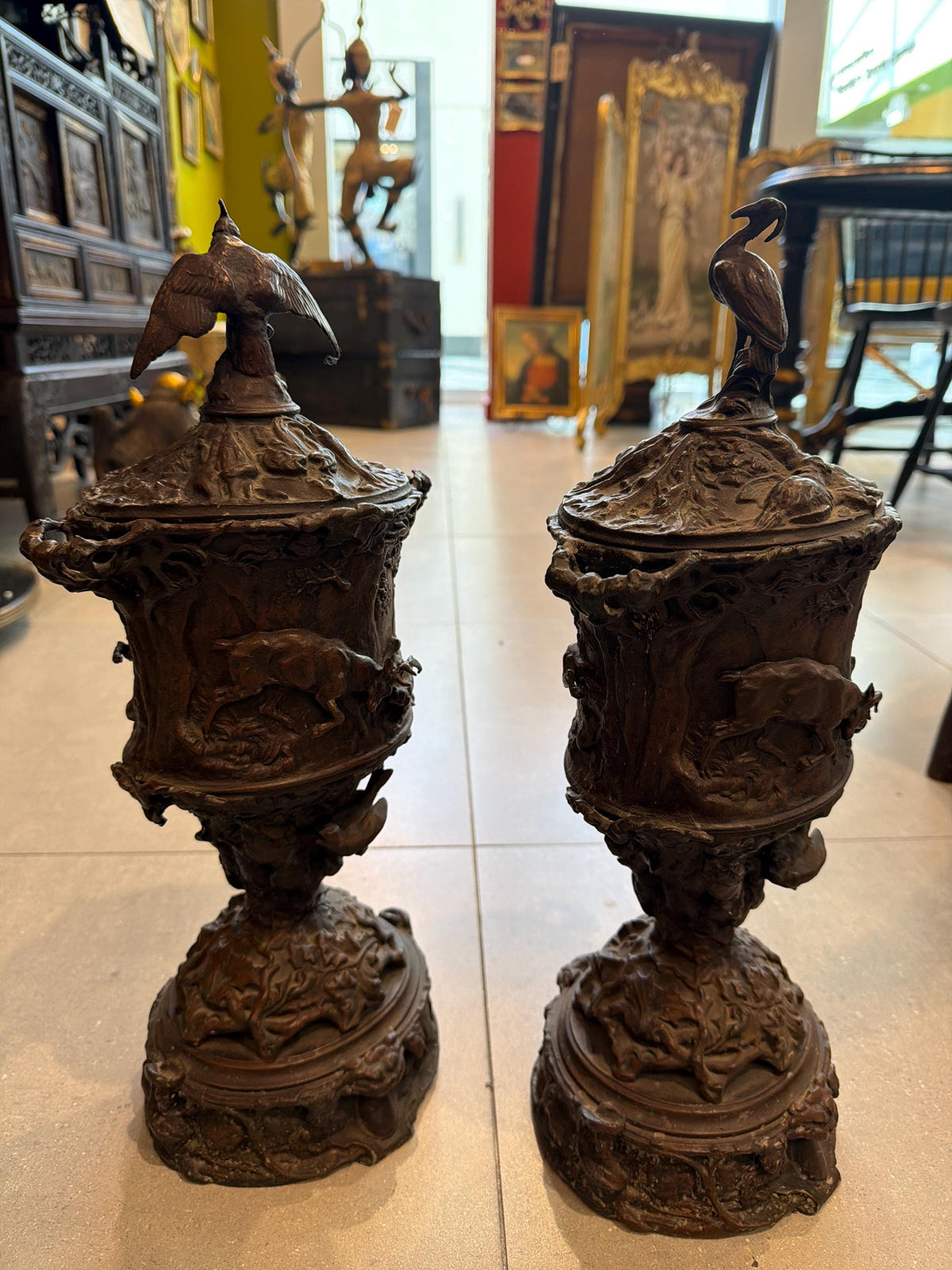 Antique Bronze Hunting Scene Urns Pair: Stag, Hound, Mixed Bird Finials