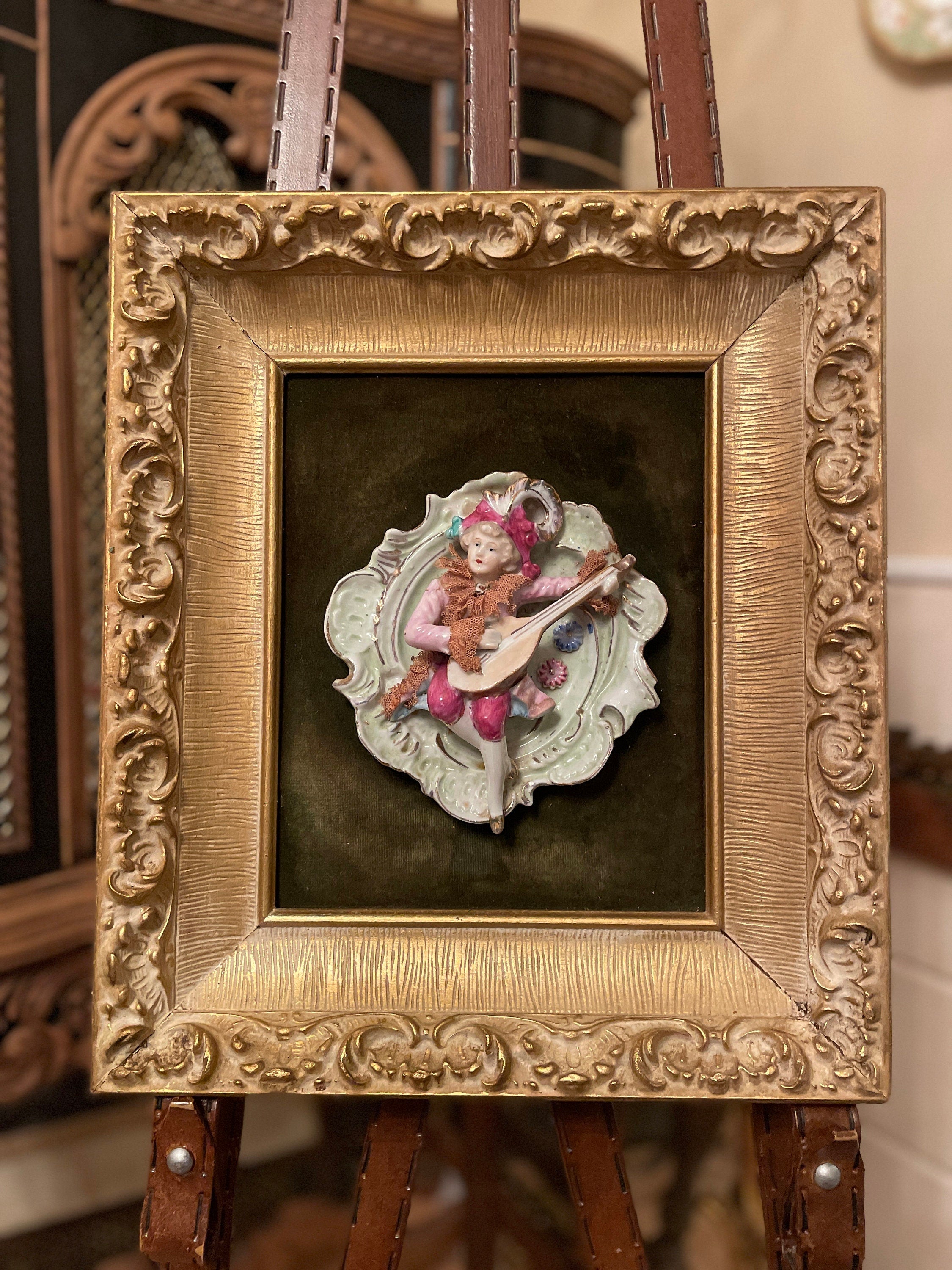 Antique Porcelain Wall Plaque Couple Relief Gilt Frame Velvet Backing Victorian Style French Rococo Art Figurine Decor Romantic Gift Idea