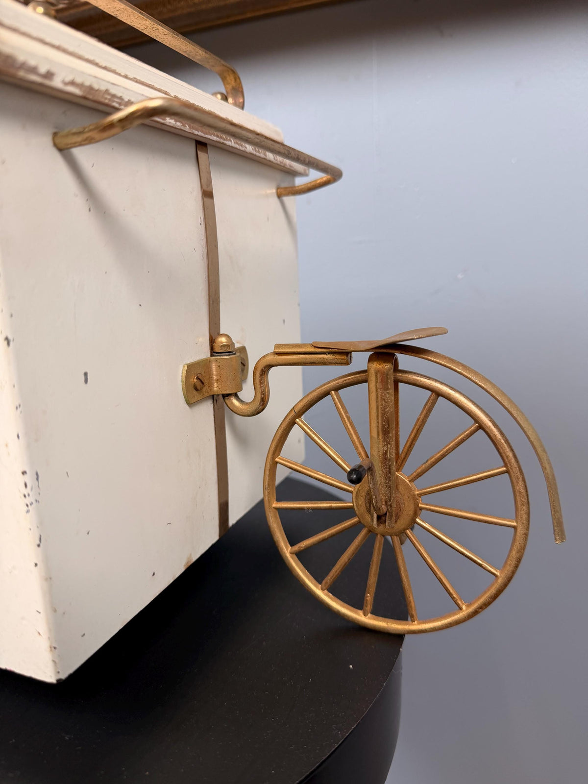 Vintage Ice Cycle Tricycle Ice Bucket Wine Cooler Bar Cart Brass & White Wood Barware