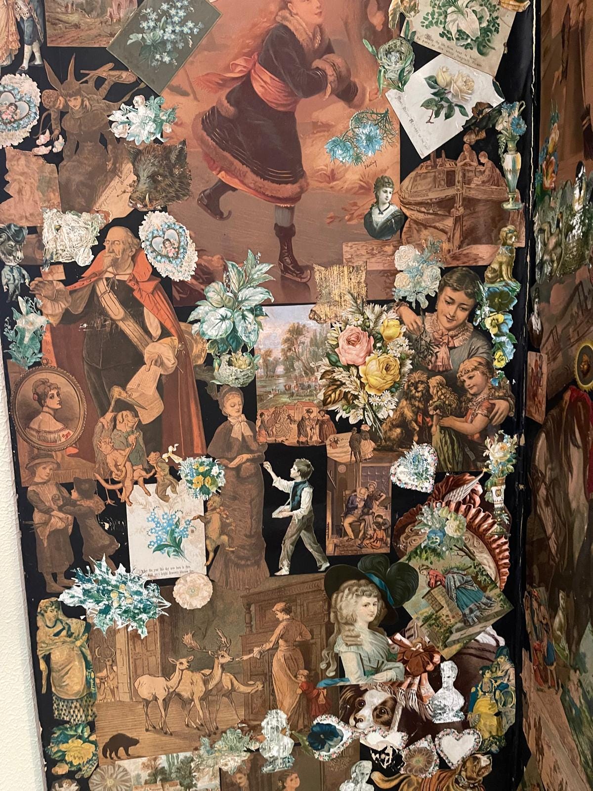 Victorian Decoupage Folding Screen Antique Handcrafted Collage Art Wall Decor Featuring Vintage Illustrations Beautiful Painted Wood Panels