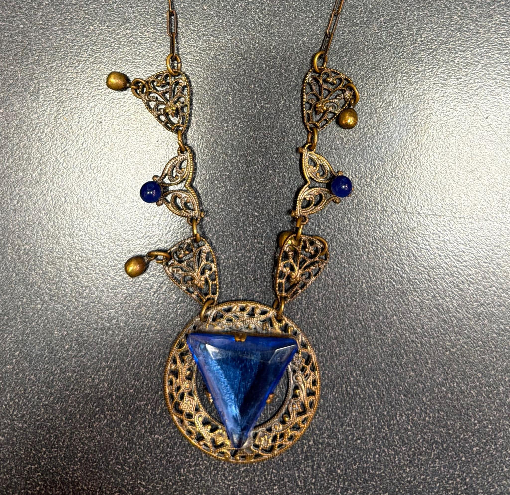 Vintage Art Deco Style Blue Glass Triangle Pendant Necklace Filigree Brass Statement Jewelry Unmarked Sterling Silver with Gold Wash