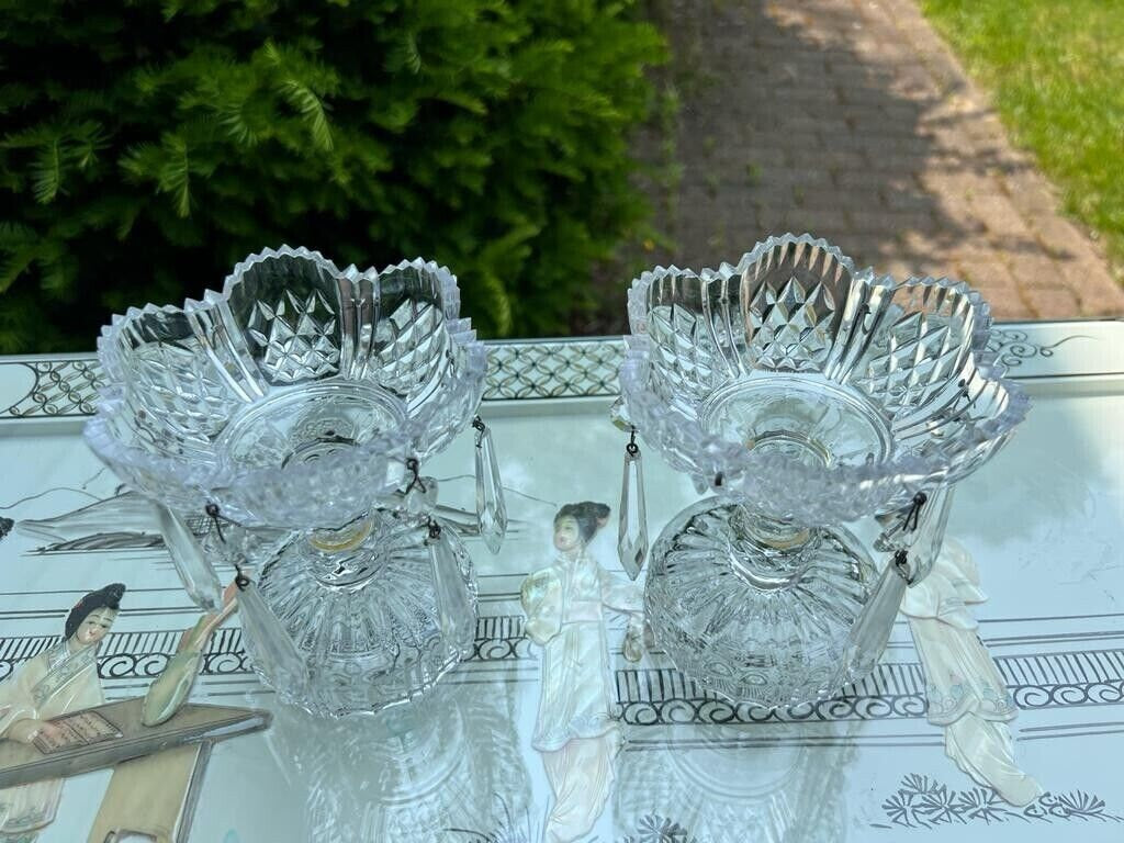 Vintage Crystal Footed Bowl Pair Hanging Prisms Cut Glass Centerpiece Altar Decoration Gothic Victorian Style Timeless Elegance Display