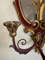 Antique Pair of French Style Rococo Design Wood Wall Candle Sconces Hand-Painted Red & Gold Gilded Pair, Baroque Style Candleholders