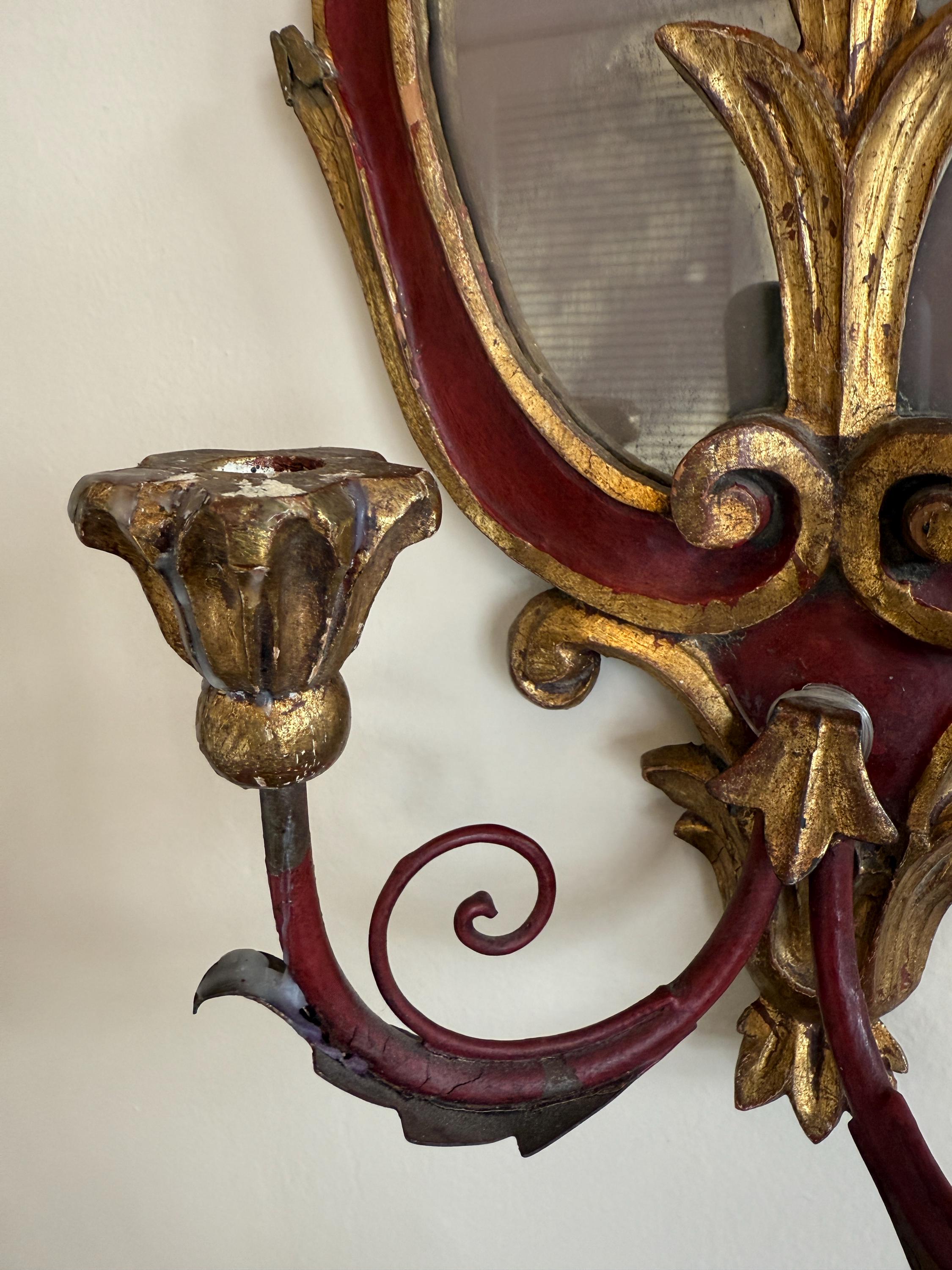 Antique Pair of French Style Rococo Design Wood Wall Candle Sconces Hand-Painted Red & Gold Gilded Pair, Baroque Style Candleholders