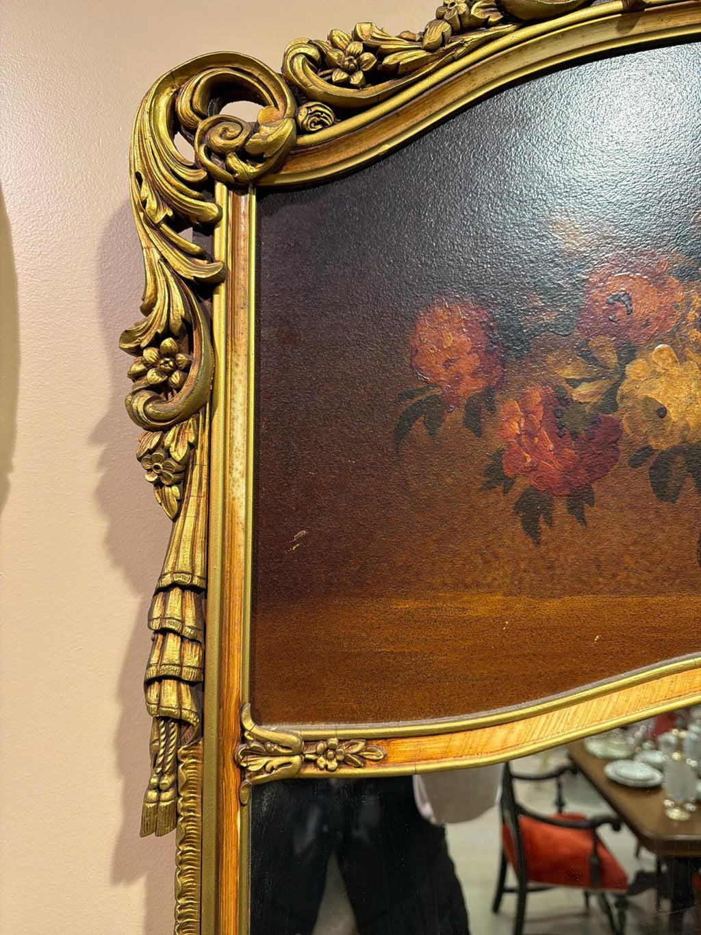 Antique French Rococo Style Gilt Wood Trumeau Mirror with Hand-Painted Floral Panel