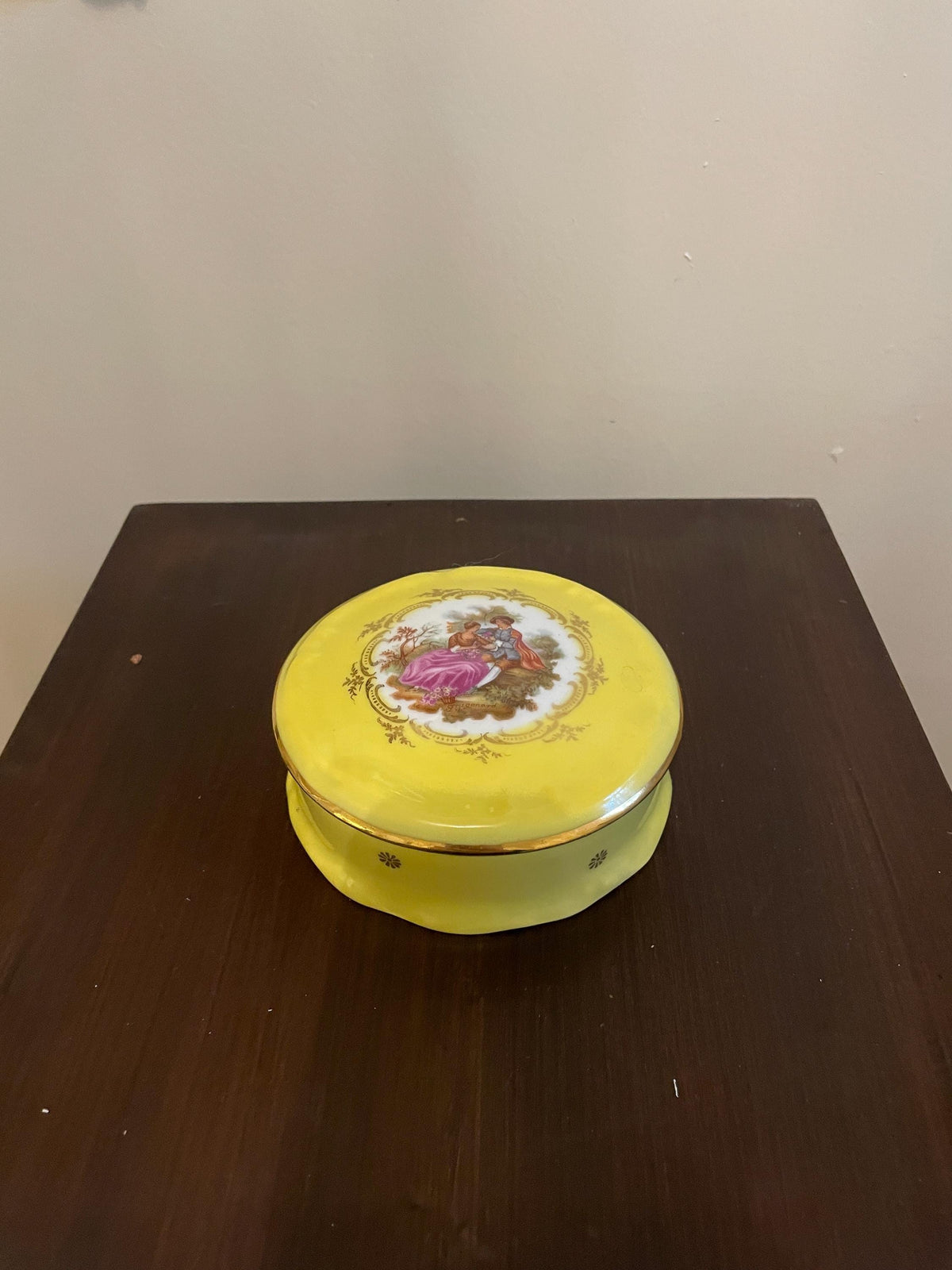 Vintage Yellow Porcelain Jewelry Box Gold Accent Romantic Scene Limoges Collectible Decorative Keepsake Organizer Home Decor Gold Vanity Box