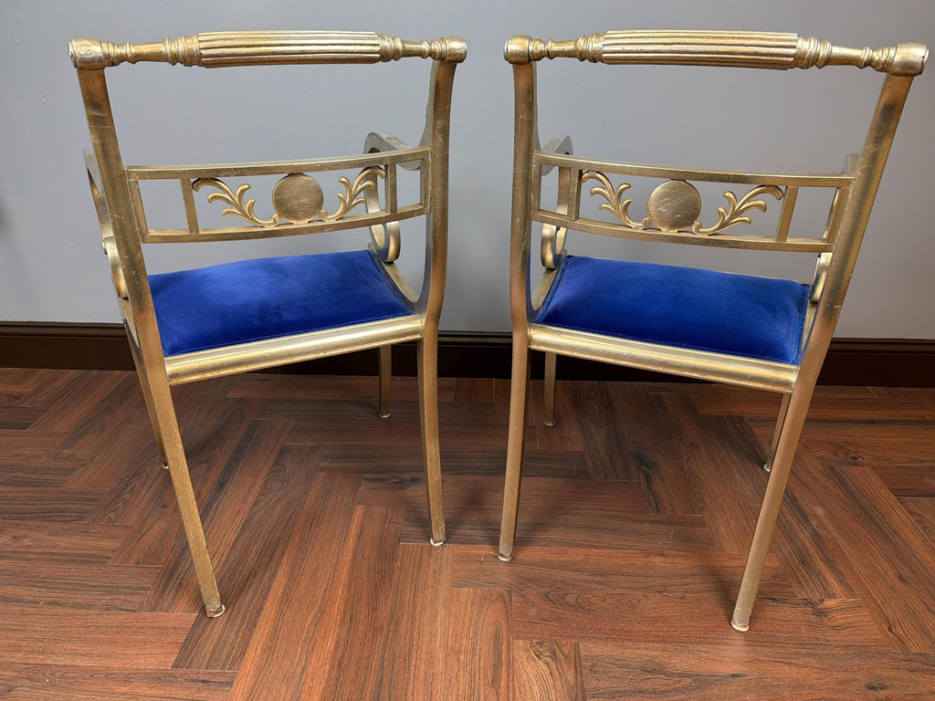 Pair Hollywood Regency Gilt Armchairs, Blue Velvet Seats, Neoclassical Scroll Accent Seating