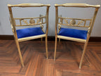 Pair Hollywood Regency Gilt Armchairs, Blue Velvet Seats, Neoclassical Scroll Accent Seating