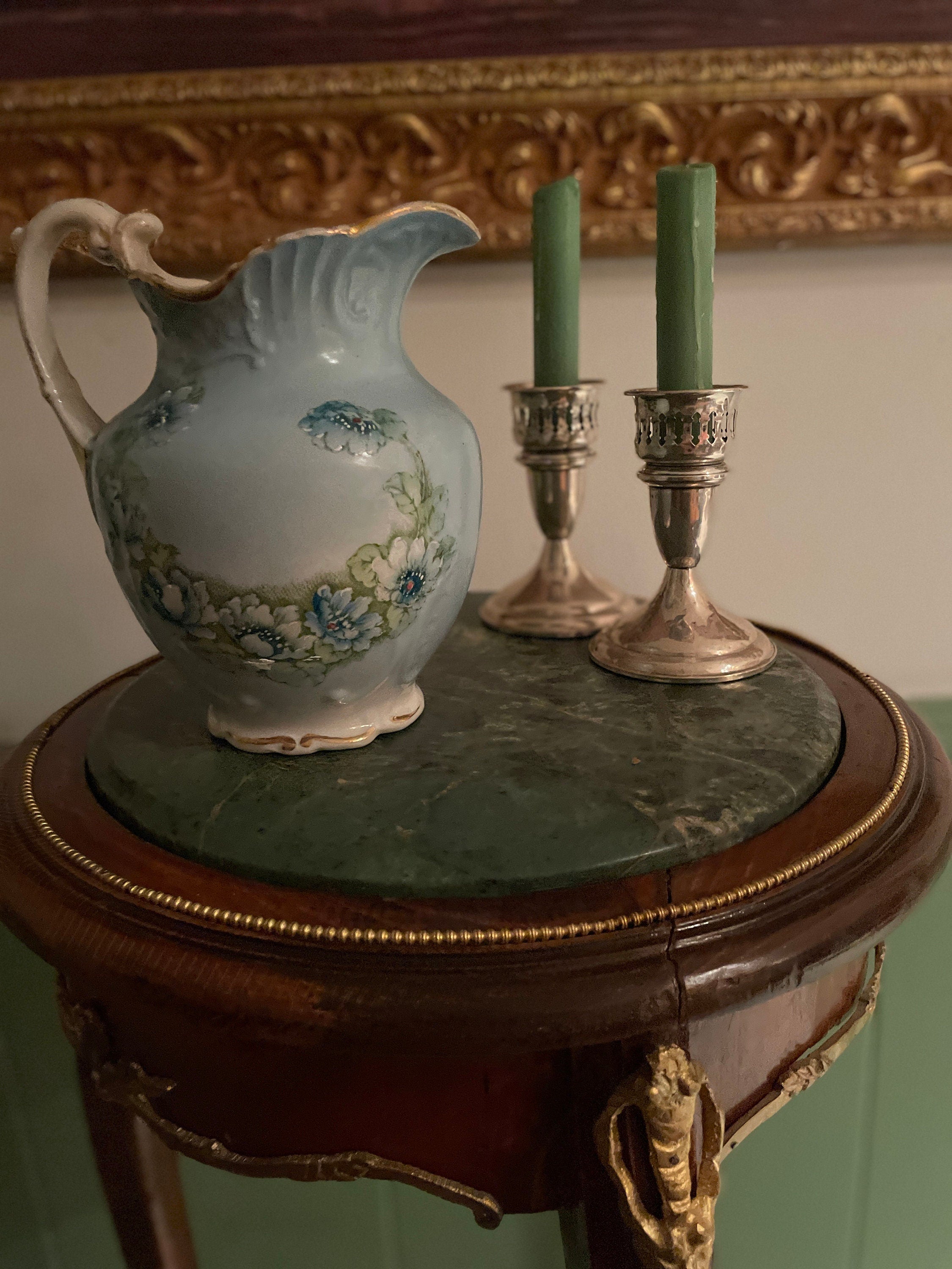 Vintage Silver Plated Candle Holders Pair With Floral Porcelain Pitcher Hand Painted Elegant Table Decoration Victorian Cottage Accent