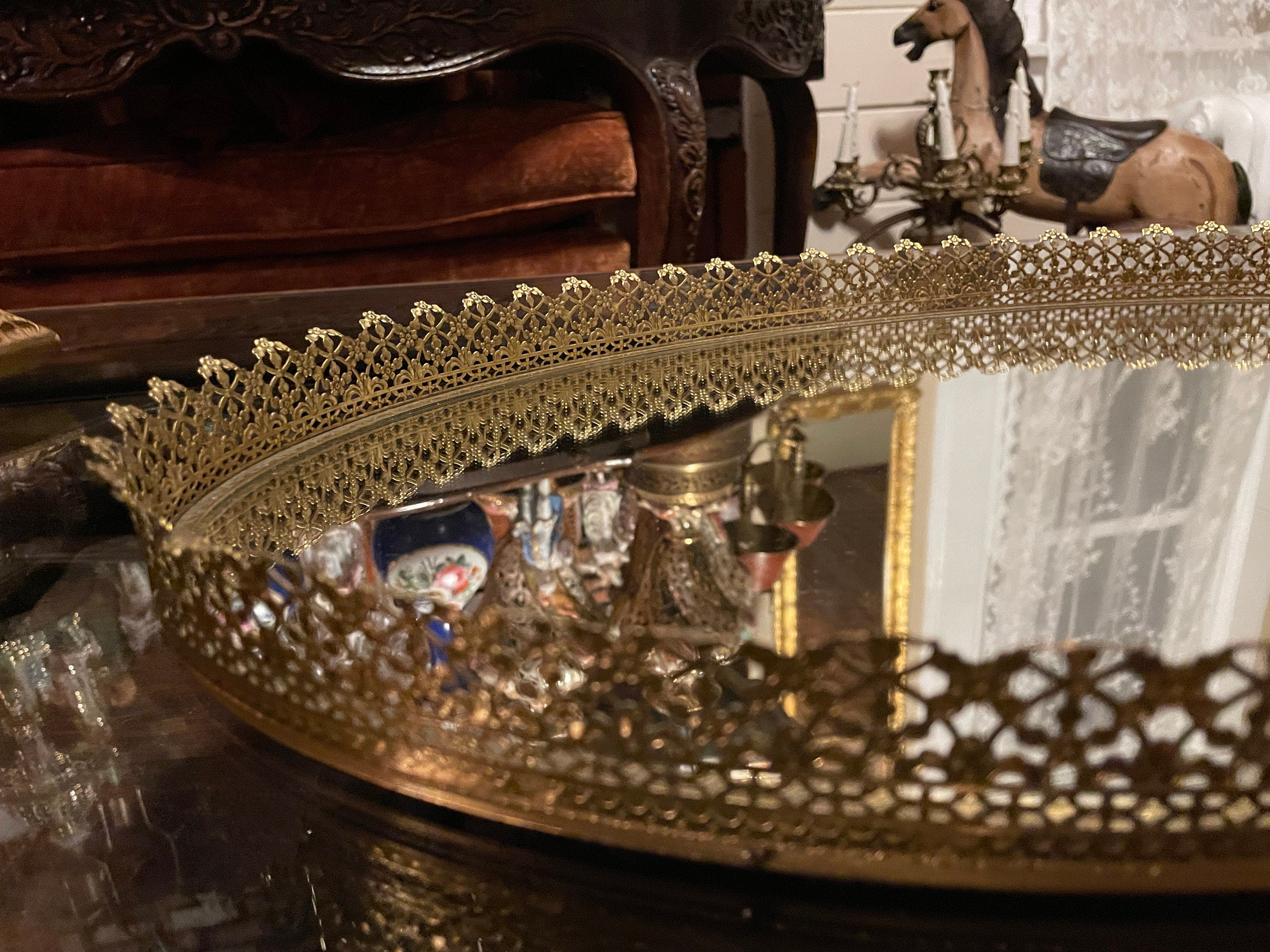 Vintage French Style Ornate Oval Vanity Tray Gold Filigree Mirrored Centerpiece Elegant Hollywood Regency Accent Dresser Display Decoration