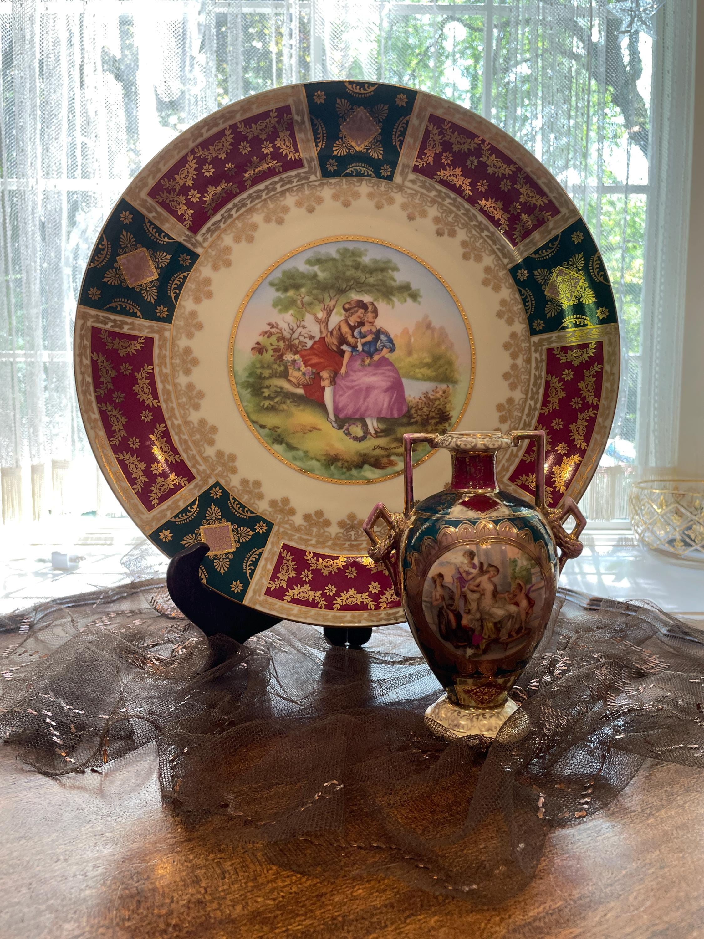Vintage Decorative Porcelain Plate Vase Set Hand Painted Romantic Couple Scene Gold Accents Burgundy Green Baroque Classical European Style