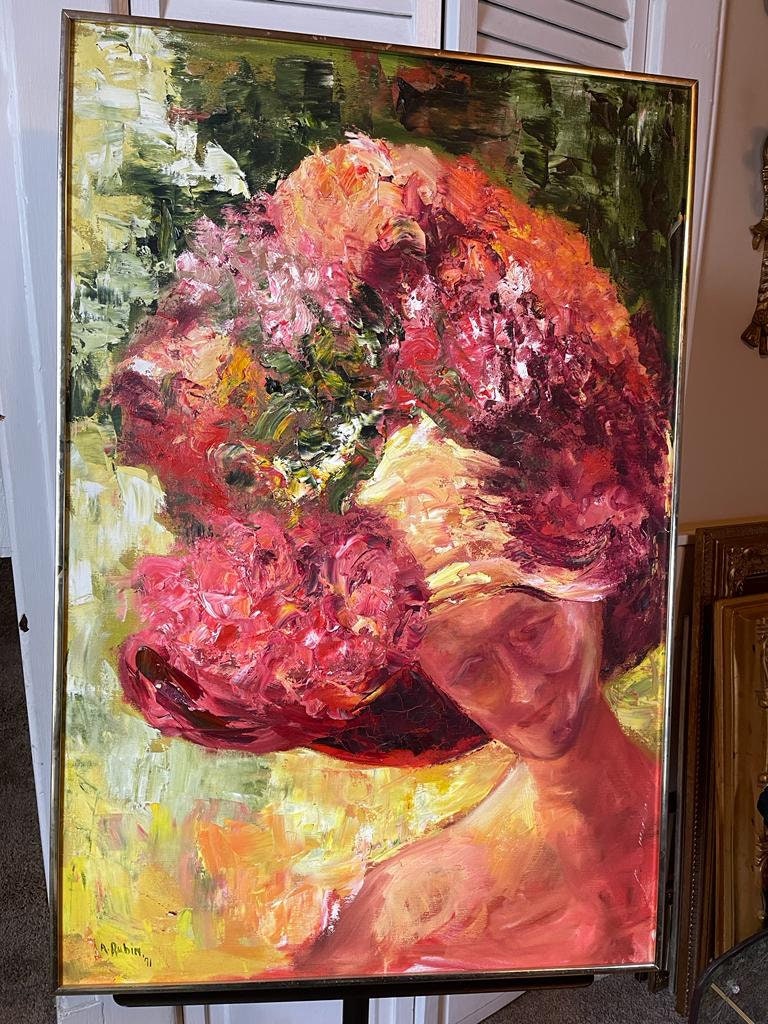 Original Abstract Oil Painting Woman in Floral Hat Signed Colorful Thick Texture Art Large Wall Decor Feminine Impressionism Unique Bold