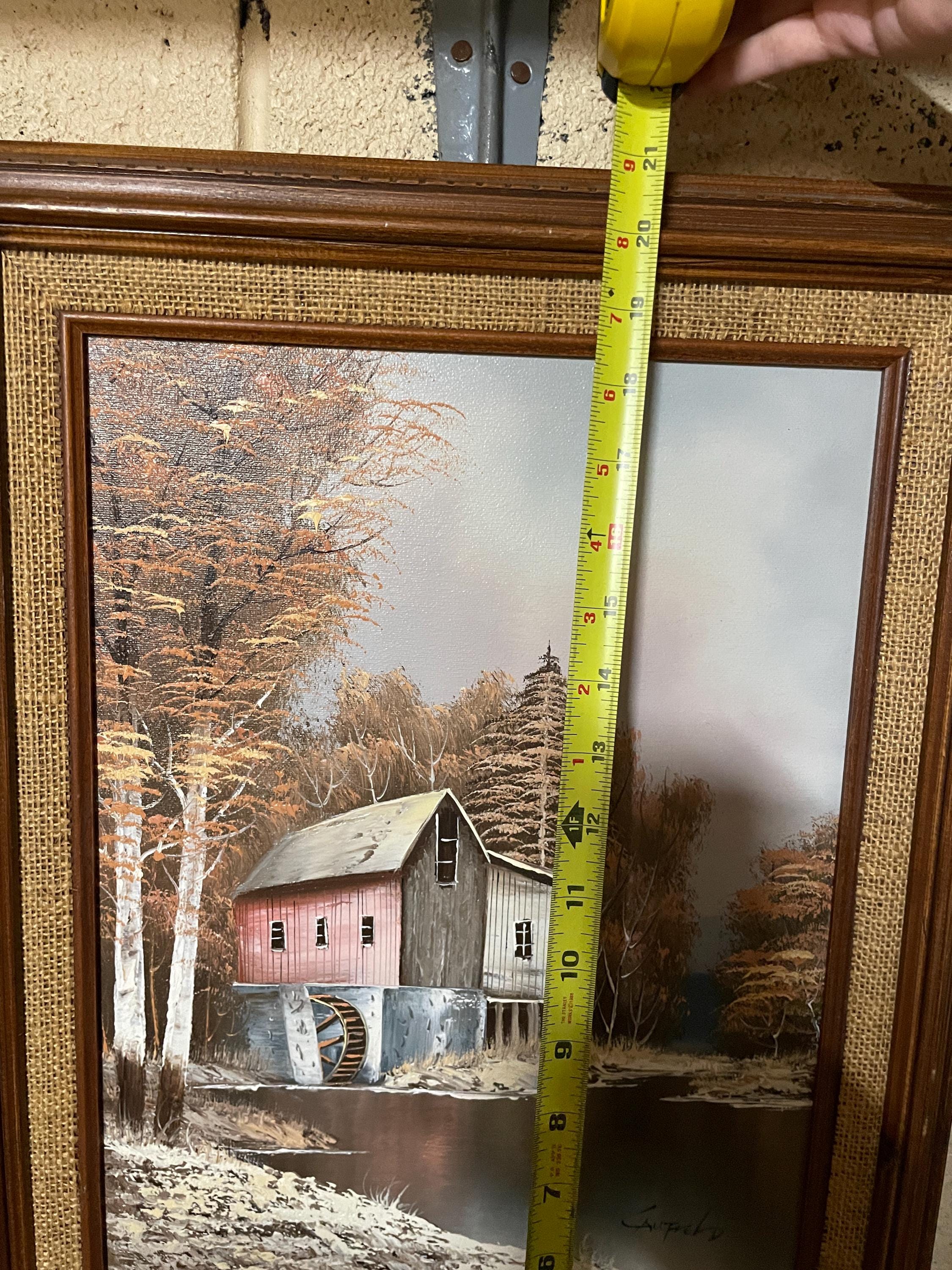 Vintage Autumn Landscape Painting Signed Countryside Mill Scene Rustic Wood Frame Wall Art Cabin Decoration Lake House Style Cozy Charm