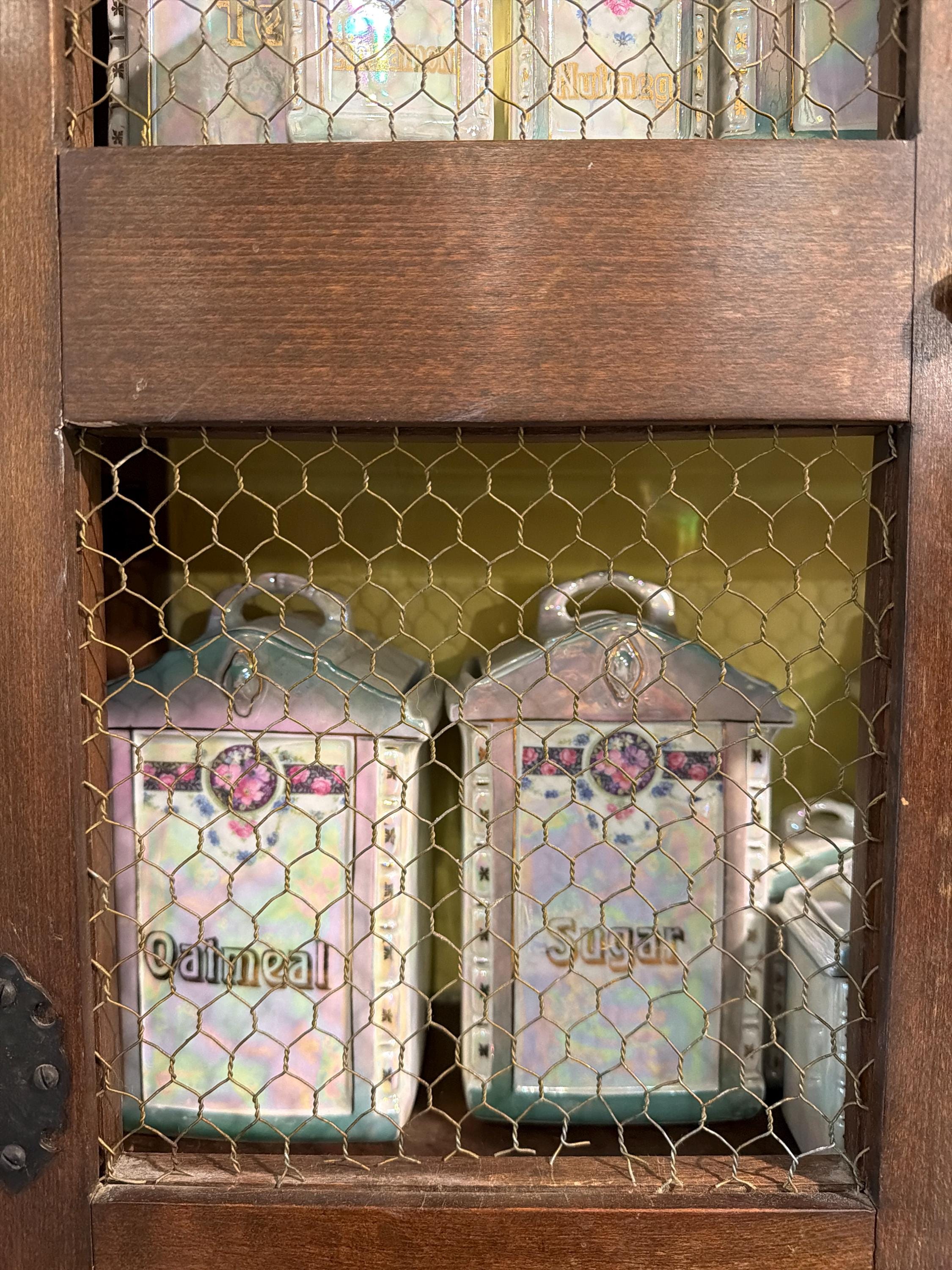 Antique Lusterware Spice Cabinet Set Complete Kitchen Canisters Farmhouse Wall Cabinet Chicken Wire 1920s 1930s