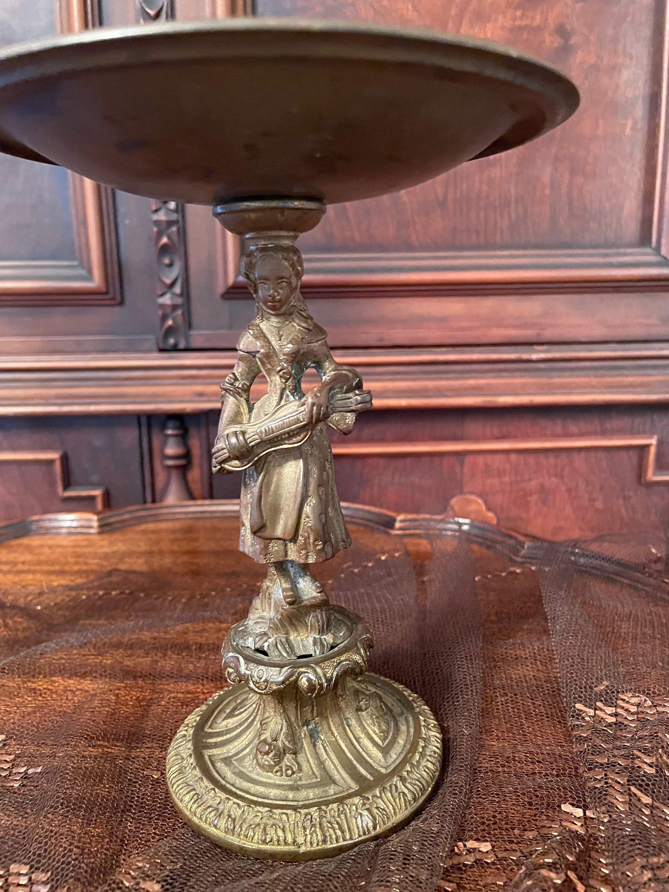 Antique Brass Compote Dish Pair Elegant Detailed Stands Featuring Classical Musician Figures Vintage French Style Home Decoration Accent