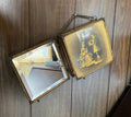 Antique Triple Vanity Mirror Beveled Glass Folding Wall Mirror Rococo Style Romantic Couple Print Brass Frame French Victorian Decoration