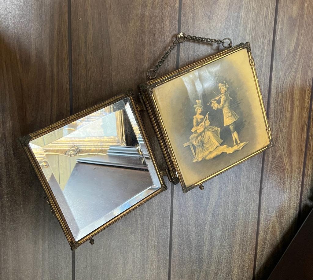 Antique Triple Vanity Mirror Beveled Glass Folding Wall Mirror Rococo Style Romantic Couple Print Brass Frame French Victorian Decoration