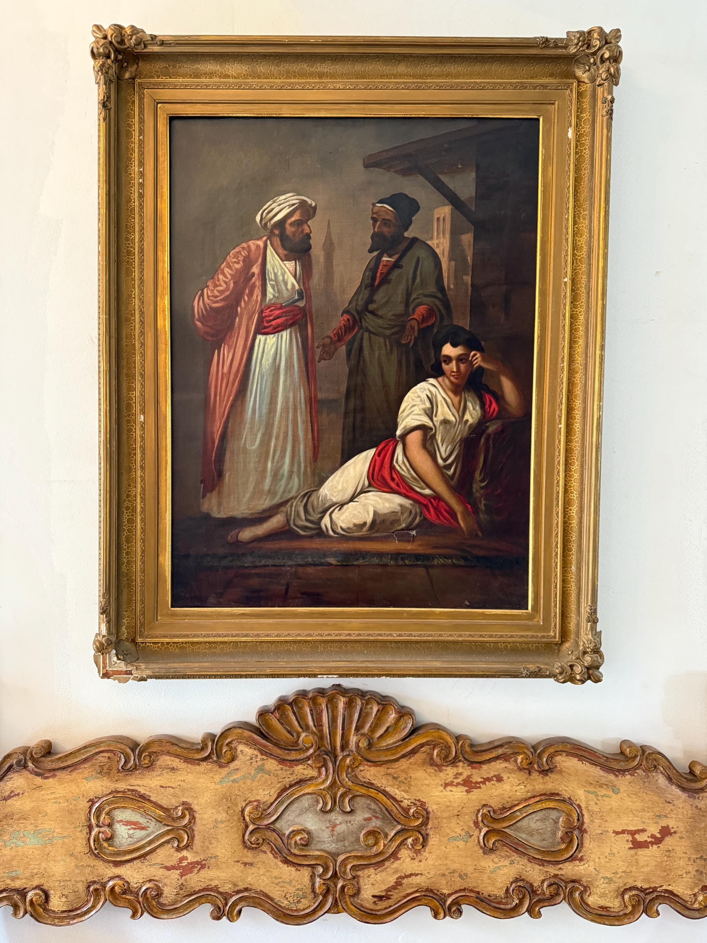 Antique Orientalist Oil Painting  Middle Eastern Scene with Figures Large Framed Original Artwork 19th Century Style Collectible Artwork