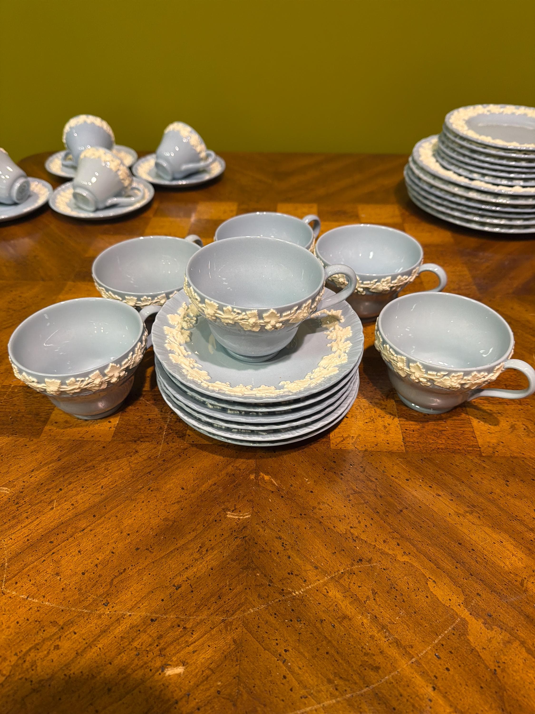 Wedgwood Queen’s Ware Blue Embossed Lunch/Tea Set, Of Etruria Barlaston England