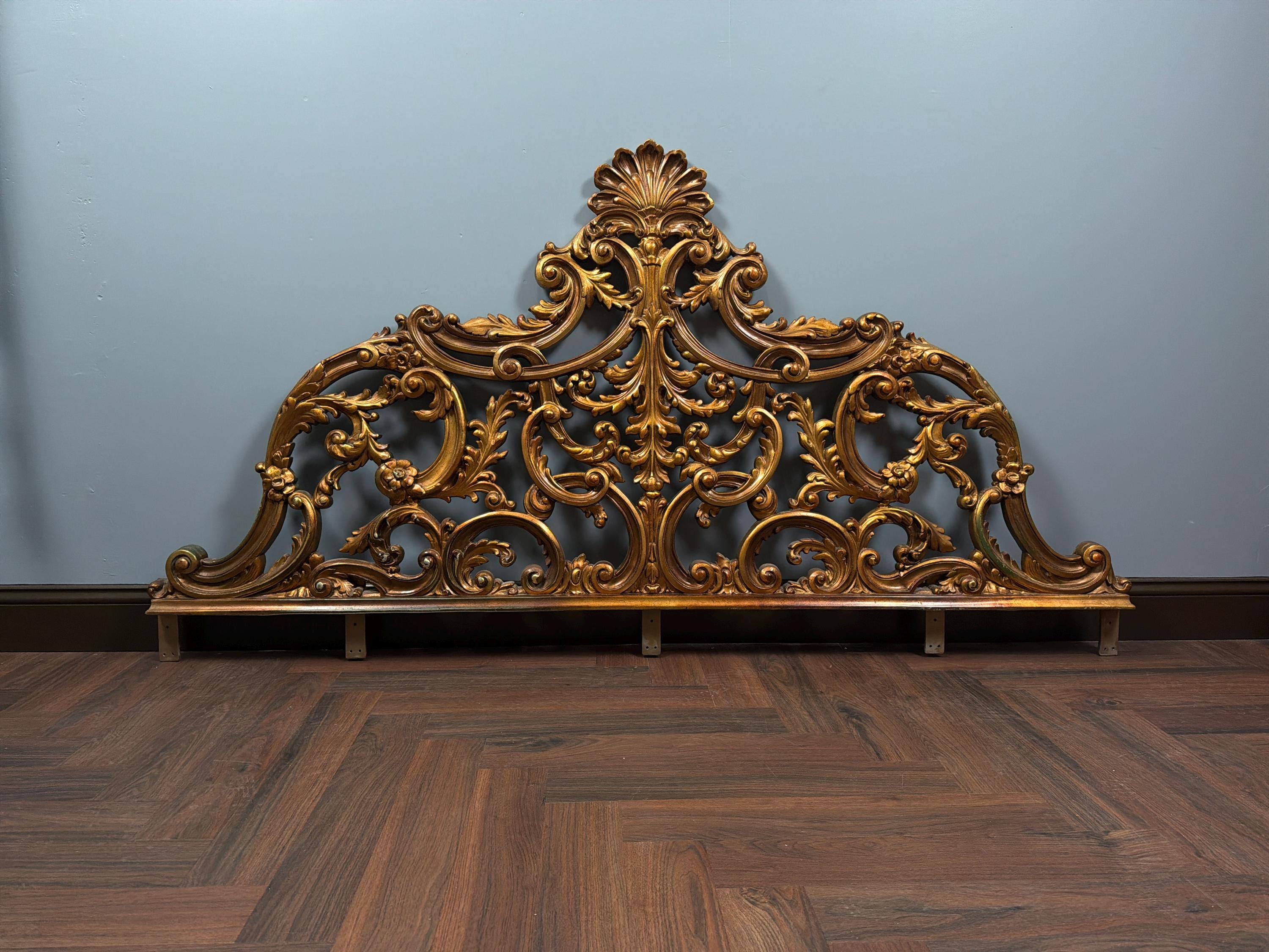 Vintage Rococo King Headboard | Ornate Gold-Tone Cast Metal Statement Piece