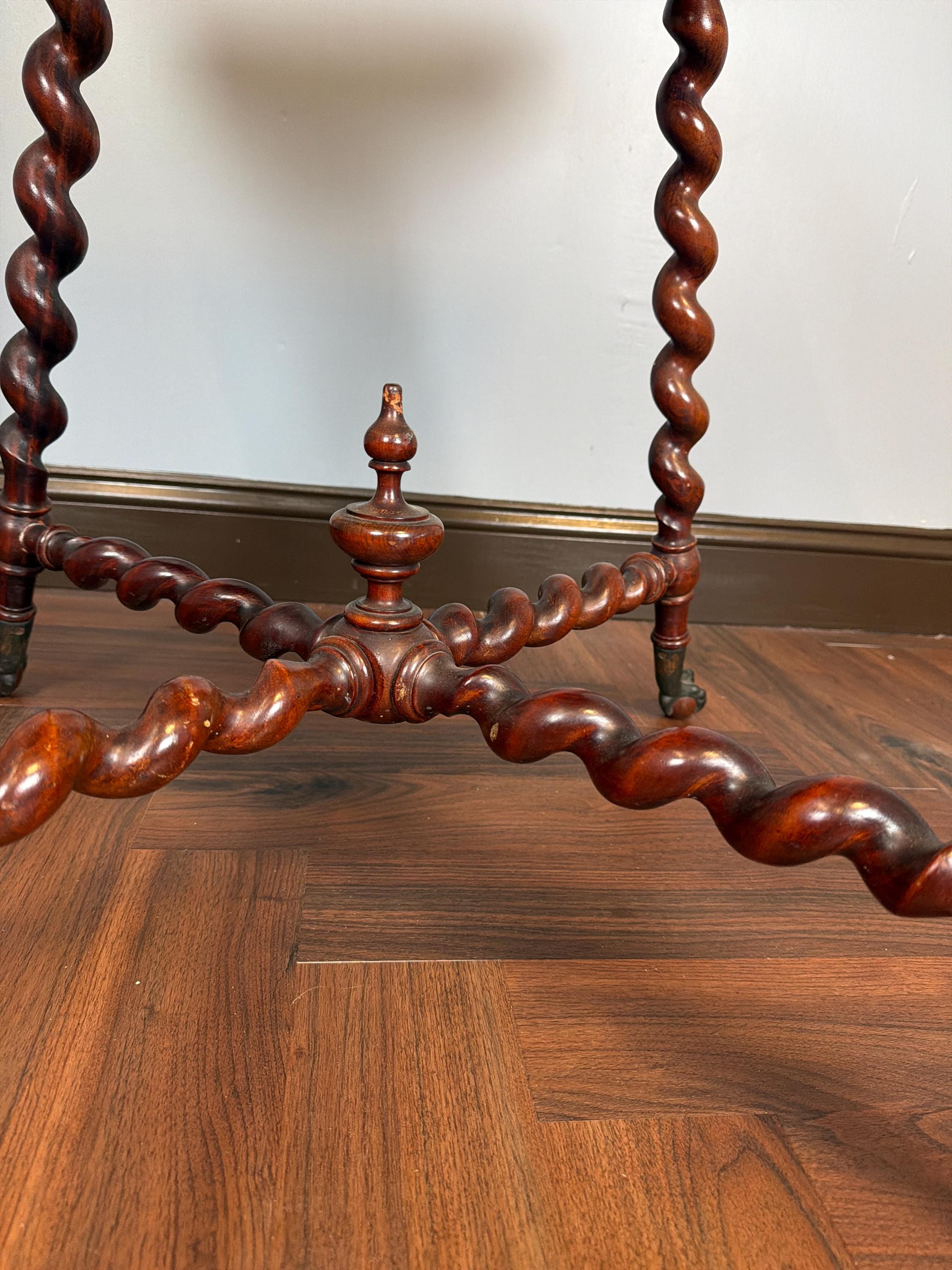 Antique English Barley Twist Side Table, Claw Foot Caster Accent Spiral Leg Table