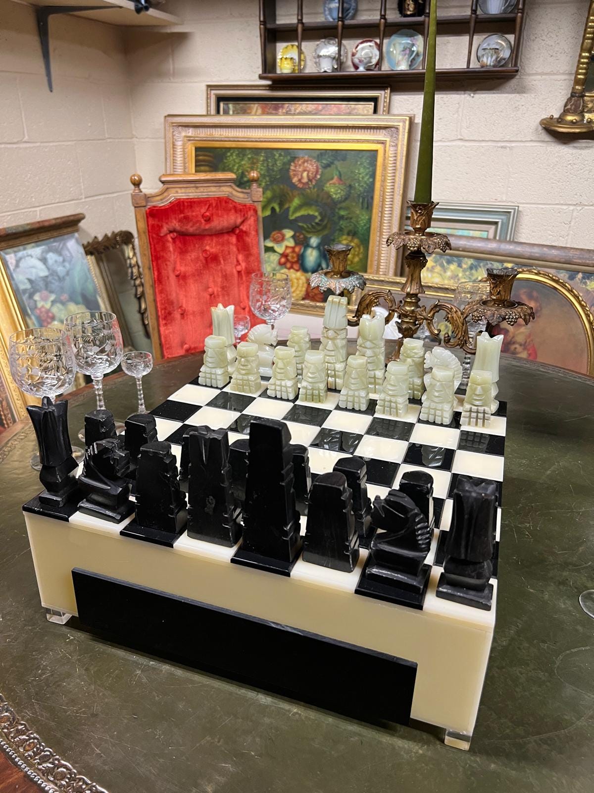 Vintage Hand Carved Onyx Marble Chess Set Complete Mid Century Modern Black White Board Unique Game Room Decor Statement Display Piece