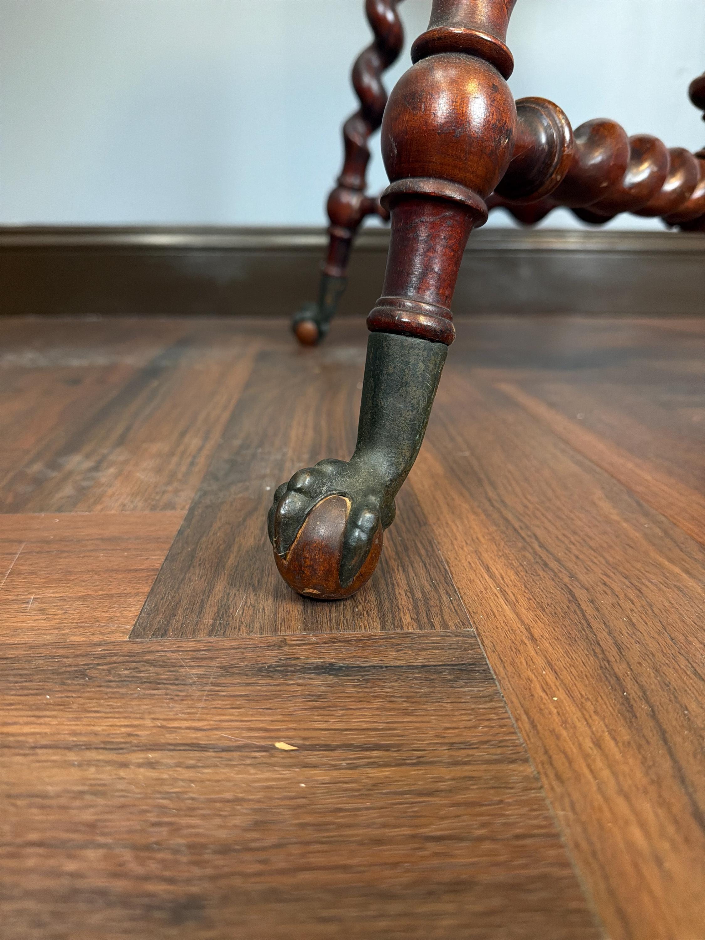 Antique English Barley Twist Side Table, Claw Foot Caster Accent Spiral Leg Table