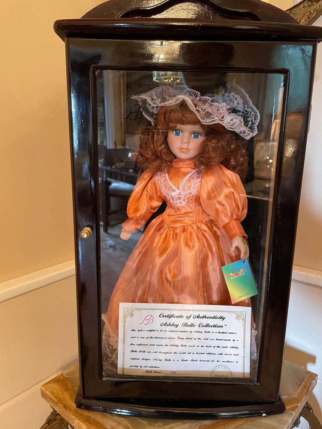 Ashley Belle Porcelain Doll Orange Satin Dress Lace Bonnet Collectible Display Figure Victorian Style Limited Edition Keepsake Beauty