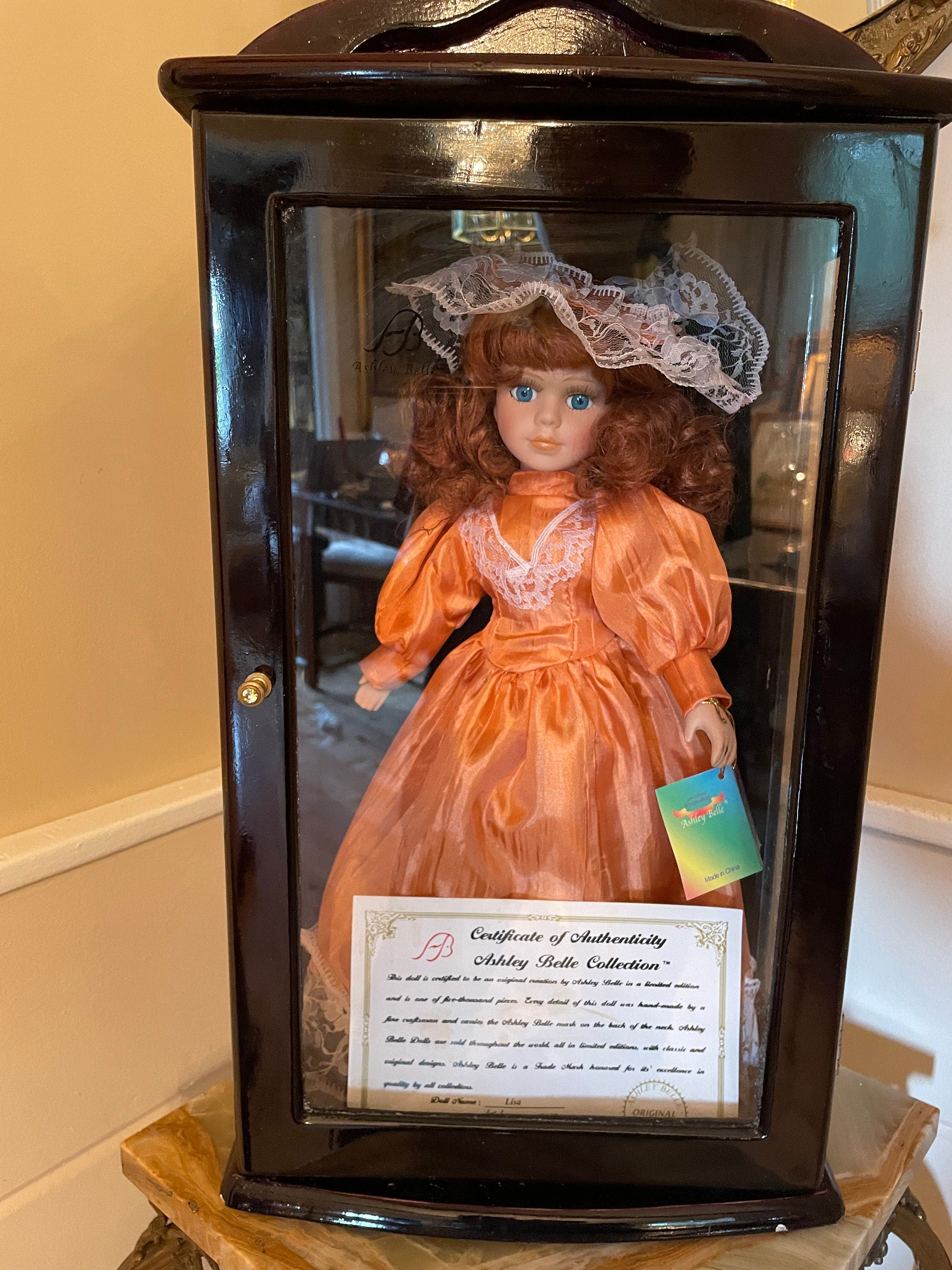 Ashley Belle Porcelain Doll Orange Satin Dress Lace Bonnet Collectible Display Figure Victorian Style Limited Edition Keepsake Beauty