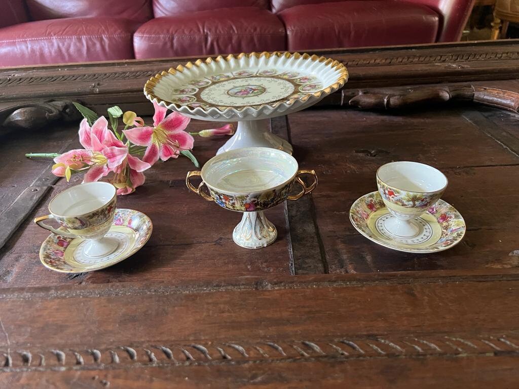 Vintage Set of 4 Fragonard Design Gold Gilded Porcelain Cake Stand  Cups Saucers  & Candy Dish