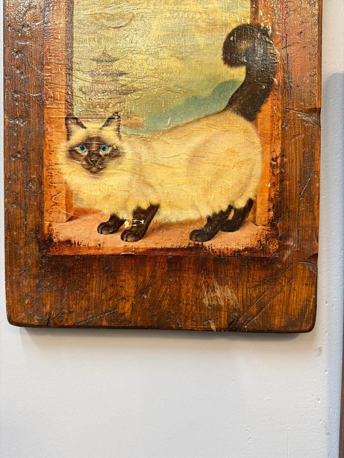 Vintage Style Siamese Cat Art Panels – Rustic Wood Mixed Media Wall Decor – Eclectic Boho Cat Lover Gift – Set of 2 Print transfer on wood
